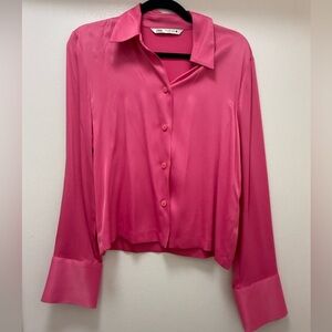 Zara NWOT Hot Pink Satin Button Down Blouse Size Small